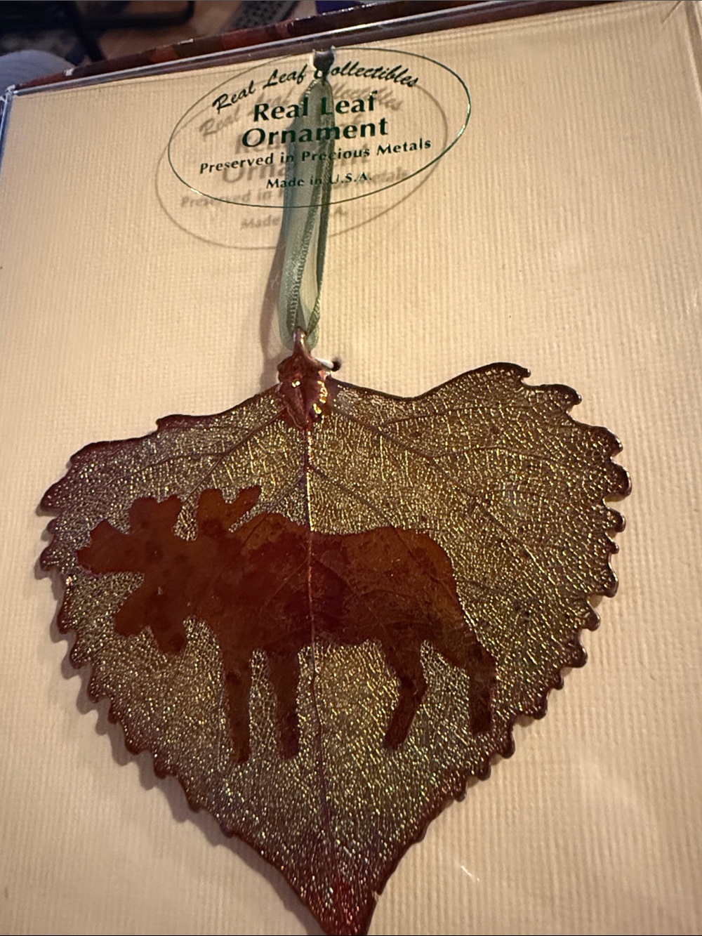 Real Leaf Ornament copper Moose Holiday Hanging Ornament or sun catcher